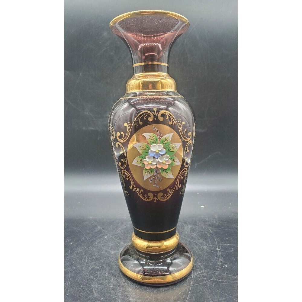 Vintage Vecchia Murano Amethyst Glass Gold Applied Flowers 9.5" Purple Bud Vase